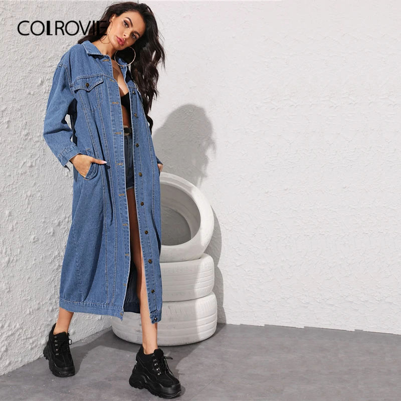discounted COLROVIE Navy Topstitching Button Front Longline Denim Jacket Women 2019 Autumn Streetwear Ladies J