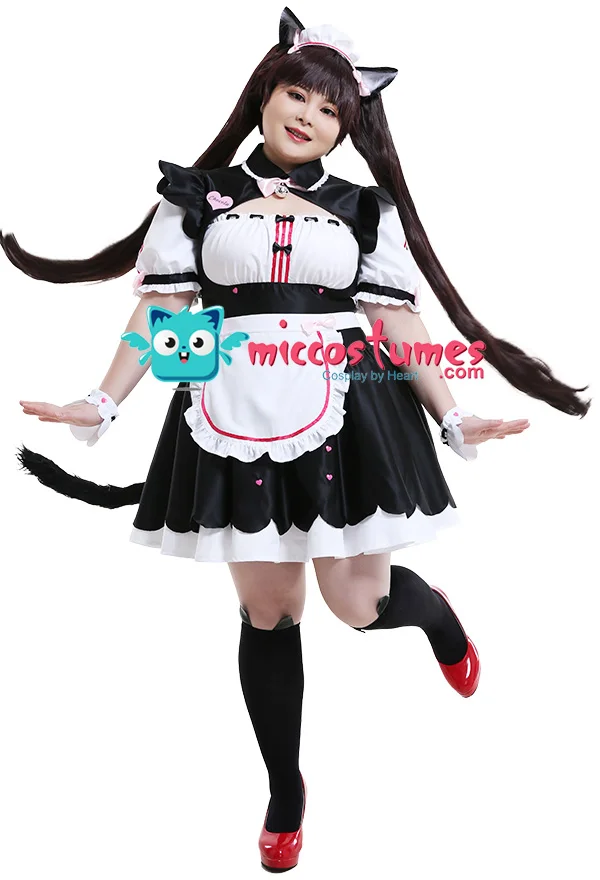 Frauen Nekopara Chocola Cosplay Kostüm Dienstmädchen Kleid mit Schürze Petticoat Katzenohren Schwanz 8