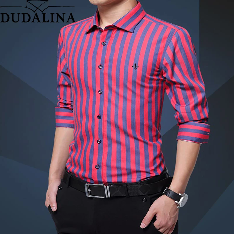 DUDALINA, новинка, модная полосатая рубашка, мужская рубашка с длинным рукавом, Мужская одежда, приталенная, повседневная, мужская, светская рубашка, импортируется из Китая - Цвет: E55636red