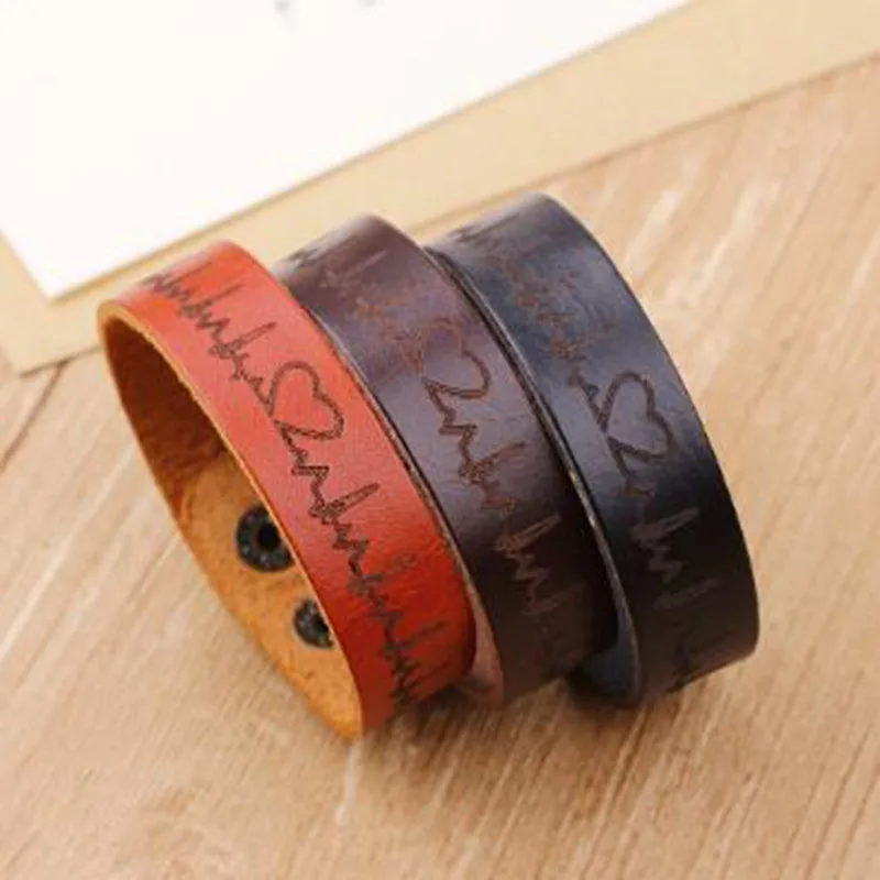 

2018 Creative Fashion Leather Bracelet Men Pulseira Masculina Personality ECG Trend Heart Beat Lovers Bracelet Pulsera