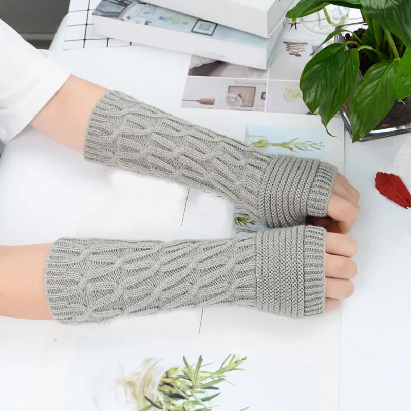 1 пара, складные женские перчатки, вязаные перчатки для рук, теплые перчатки, зима-осень, в полоску, на запястье, рукавицы, плотные вязаные теплые перчатки - Цвет: light grey