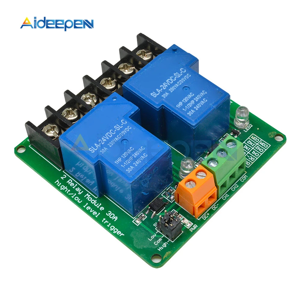 DC 24V 30A 2-Channel Relay Optocoupler Isolation High/Low Trigger Board Module