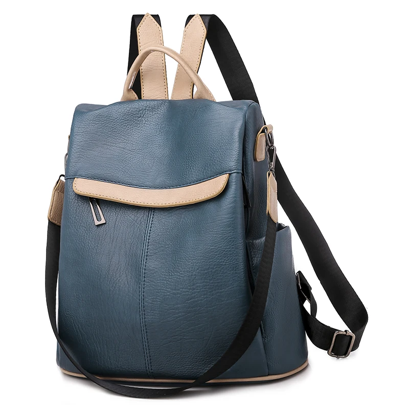 Fashion Leather Backpack Women Shoulder Bag Large Capacity Women Backpack School Bag for Teenage Girls Light Travel Backpack - Цвет: Blue