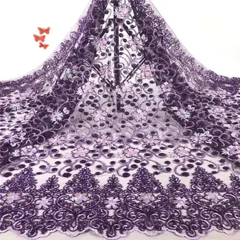 

Purple Sequined Embroidered Mesh Tulle Lace Fabric 2020 New Design Evening Dress Net Fabric African Sequins Lace LCD969
