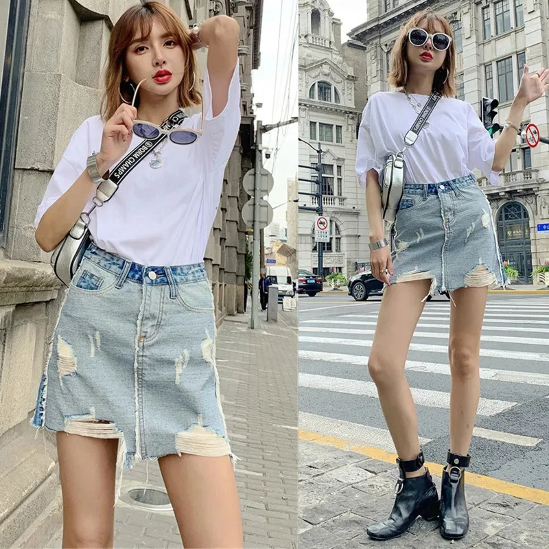 

Korean-style WOMEN'S Wear 2019 Summer Slim Fit Double Color Joint Retro with Holes Furry-Trim A- line Denim Skirt Skirt Short Sk