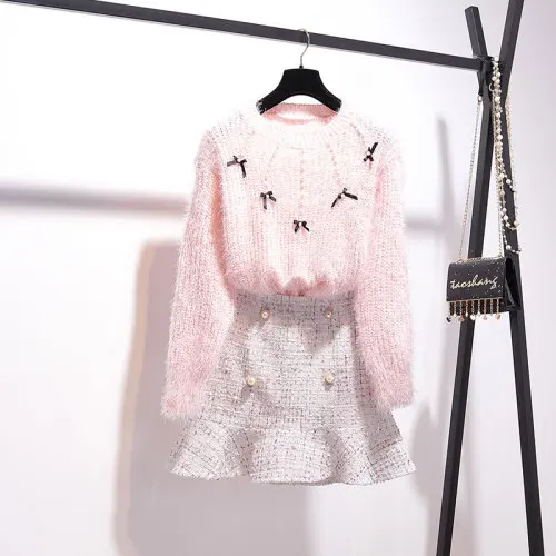 pink white set Модный осенний весенний комплект из двух предметов женский бант украшенный бисером пуловер свитер+ клетчатый твидовый набор Юбки Русалки мягкий мохеровый вязаный комплект - Цвет: pink white set