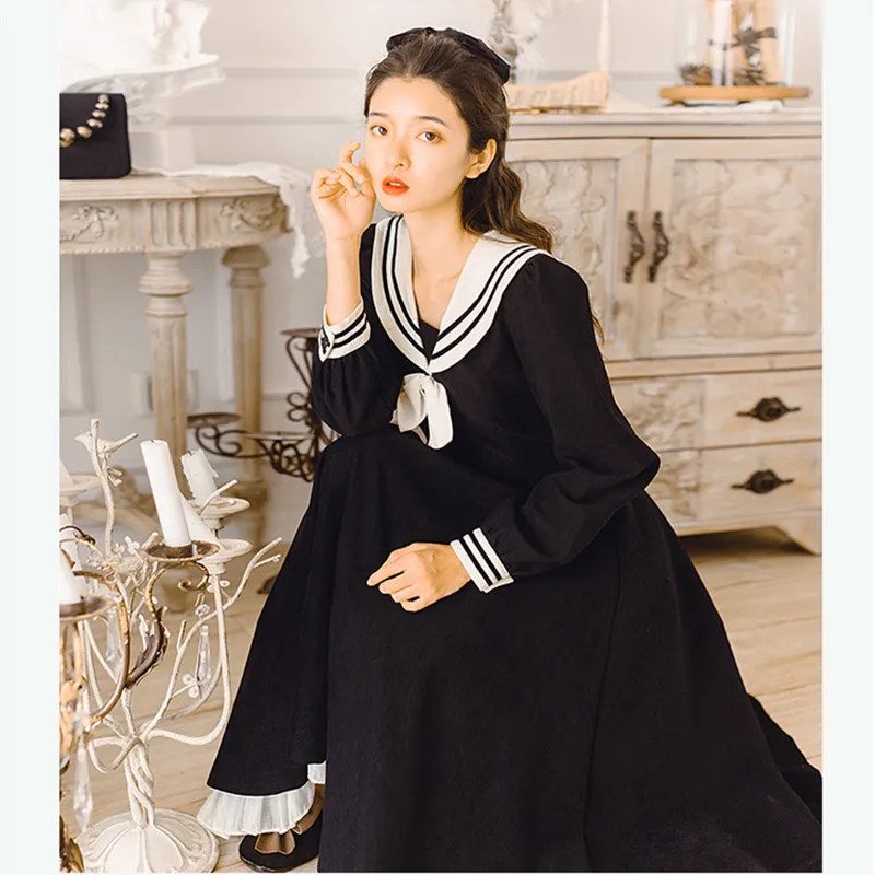 Japanese Preppy Style Sailor Collar Black Dresses For Woman Vintage Sweet Bow Long Sleeve Mori