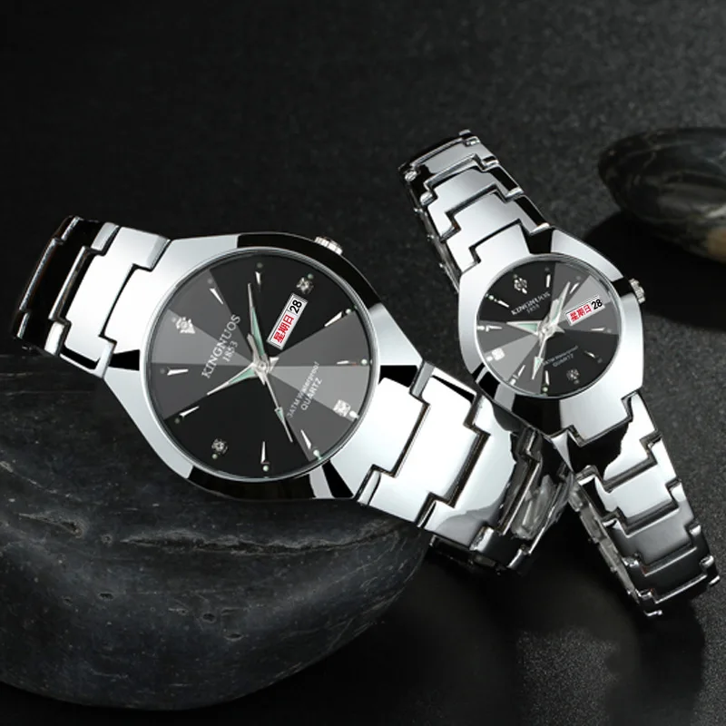 

Fully Automatic Quartz Non-Machinery Tungsten Steel Color Couple Watch Night Light Calendar Men's Women's Waterproof Steel Belt