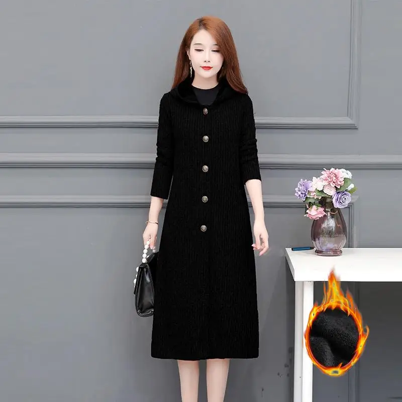 black plus velvet Женский осенне-зимний вязаный длинный теплый кардиган, Женский Повседневный однобортный вязаный свитер с капюшоном N226 - Цвет: black plus velvet
