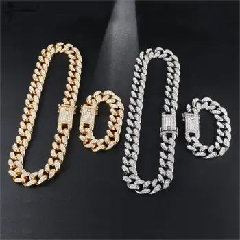 

19MM Hip Hop Miami Cuban Men's Necklace+Bracelet Link GoldColor Iced Out Paved Rhinestones Male Wristband Street Jewelry