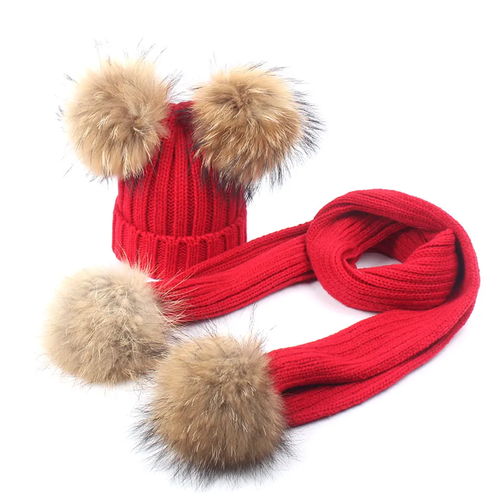 Red 48-54cm Детская теплая шапка, шарф, комплект, зимняя вязаная шапка для малышей, шарф, Теплая Шапка-бини с двойным меховым помпоном для детей, подарок для детей - Цвет: Red 48-54cm