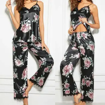 

Women Pajamas Faux Silk Sleepwear Satin Pajamas Set Vintage Flower Print Sleeveless Long Pants 2 Piece Autumn Winter Homewear