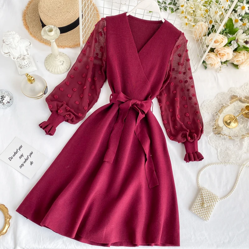 Шифоновое вязаное платье с рукавами в стиле пэтчворк, Весна и зима, новые платья с v-образным вырезом и высокой талией, элегантные однотонные платья - Цвет: burgundy dress