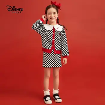 

Disney girls 2020 spring autumn woolen suit children foreign style top Short skirt two-piece suit Black white grid Sweater skirt