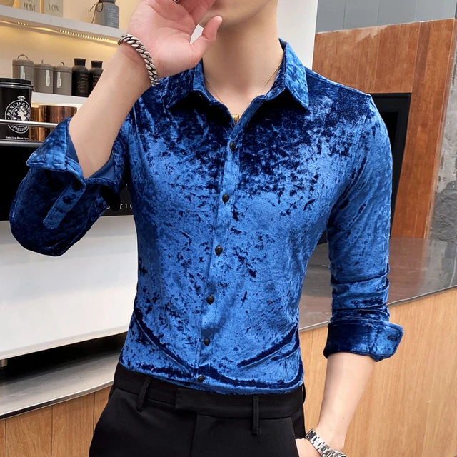 Elegant Fall Winter Dress Social Shirt Luxury Royal Blue Velvet Shirt Camisa  Social Masculina Manga Longa Chemise Homme Manche - AliExpress