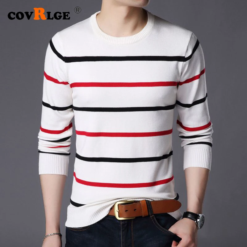 Covrlge Men's Sweater Spring Autumn O-Neck Striped Slim Casual Computer Knittwear Mens Sweaters Pullovers Men M-4XL MZL049
