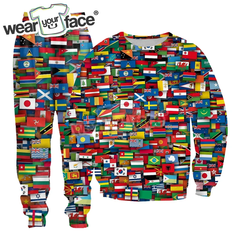 Flags of All Countries of The World Collage 3D All Over Printed Sweatshirts Sweatpants Tracksuits Streetwear Unisex Sets