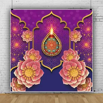 

Laeacoo Diwali Festival Gold Sparkly Purple Backdrop Candle Fireworks Photography Backdrop Polka Dots Floral Photo Background