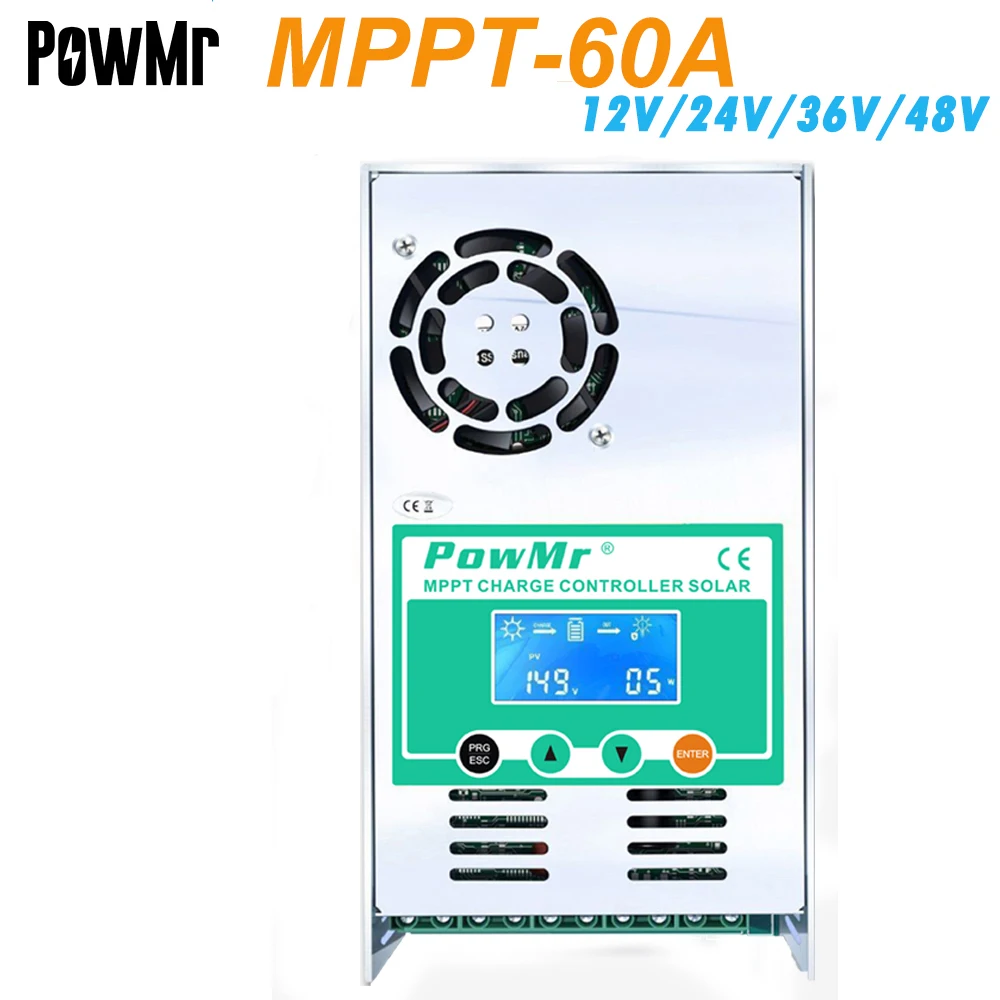 PowMr MPPT 60A Solar Charge Controller 12V 24V 36V 48V Auto For Max 190VDC PV Input Vented Sealed Gel Nicd Li Solar Cells Panel