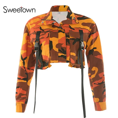 Sweetown/ осенний укороченный топ с принтом Camoflage, куртка с отложным воротником, куртки с длинными рукавами, пальто, уличная одежда - Цвет: as picture