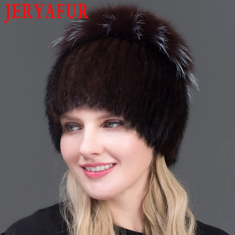 JINBAOSEN heisser Verkauf Mode зимние теплые шапки Frauen Stricken Nerz hute mit FUCHS Pelz Vertikale тканый Топ