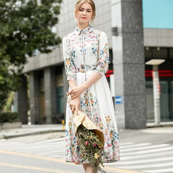 

2020 Elegant Summer Runway Dress Women High Quality Fashion Turn Down Collar Floral Print Mid Calf Holiday Dress Female Vestidos