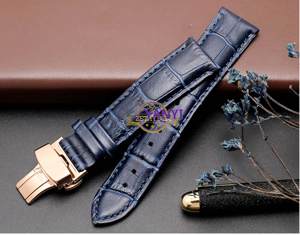 Genuine Leather Bracelet Dark Blue Color Watch Strap Butterfly Clasp Watchband Sized in 16mm 18mm 20mm 21 22mm 23mm Watch Band