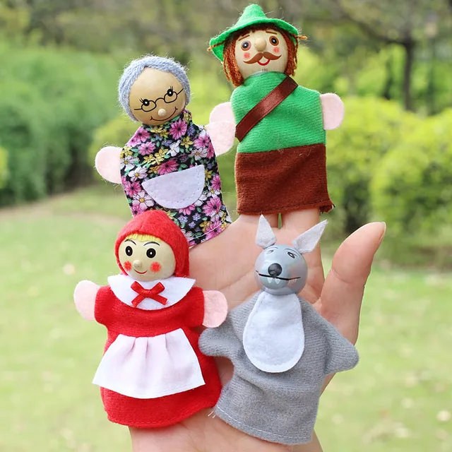 4pcs/Lot Kids Cute Finger Puppets Doll Plush Toys Little Red Riding Hood Wooden Headed Fairy Tale Story Telling Hand Puppets 2