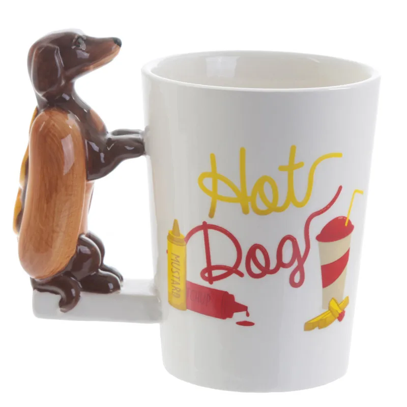 

Hot Creative Cute 3D Ceramic Mug Sausage Dachshund Dog Pattern Three-dimensional Animal Handle Breakfast Cup Coffee Milk Cup