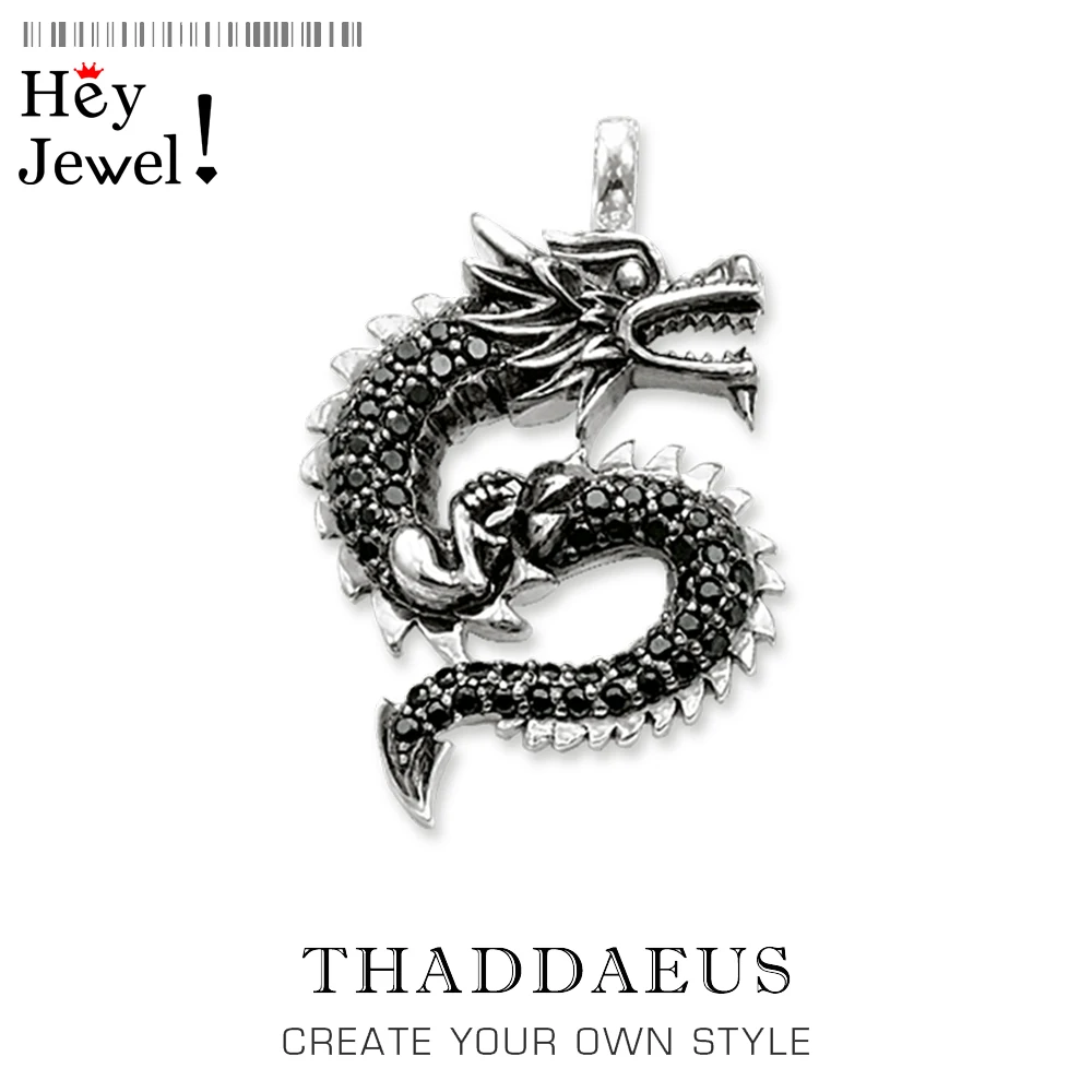Pendant Black CZ Dragon Long, Brand Vintage Jewelry Thomas Bijoux Accessories 925 Sterling Silver Gift For Ts Woman Men