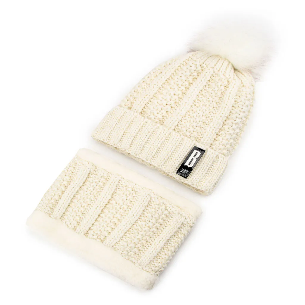 Женская зимняя шапка, плотная теплая шапка, регулируемый головной убор, мягкая шапка с помпоном и шарфом, комплект из двух предметов, вязаная шапка