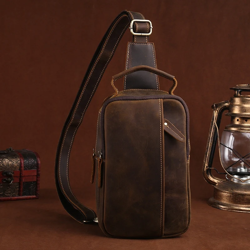 Hand-Made Crazy Horse Genuine Leather Casual Sling Chest Pack Men Crossbody Shoulder Bag Men'S Cowhide Messenger |