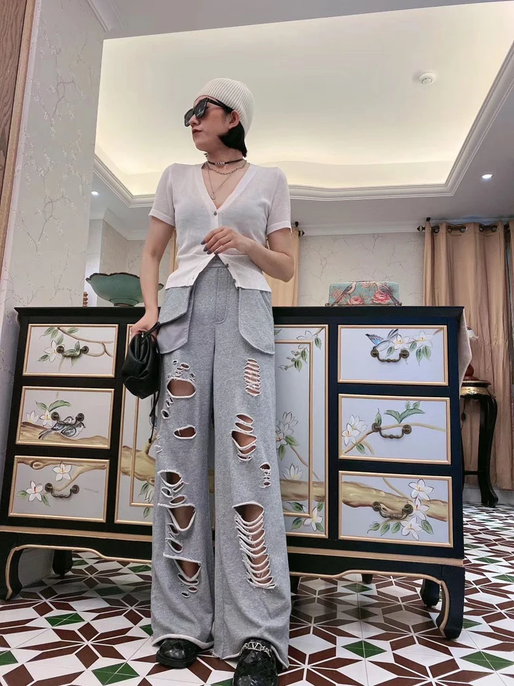 Vefadisa 6 Style Women Holes Wide Leg Pants 2020 Summer Women High Waist Straight Pants Female Plus Size Slim Pants ZQY242B