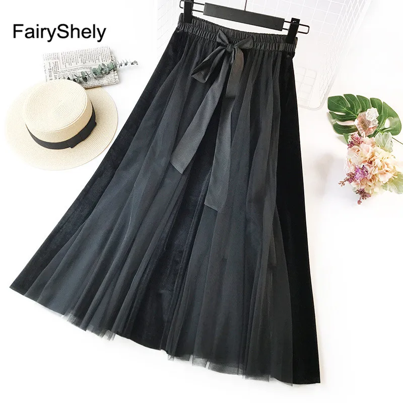 FairyShely, бархатная плиссированная длинная юбка для женщин, Осень-зима, эластичная лента, высокая талия, Теплая юбка, кружевная, макси, офисная юбка