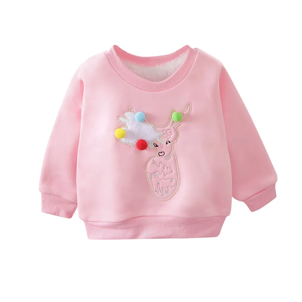 Детский свитер с рисунком для маленьких девочек, зимний теплый плотный флисовый свитер с рождественским оленем, пуловер, топы, футболка, одежда - Цвет: Розовый