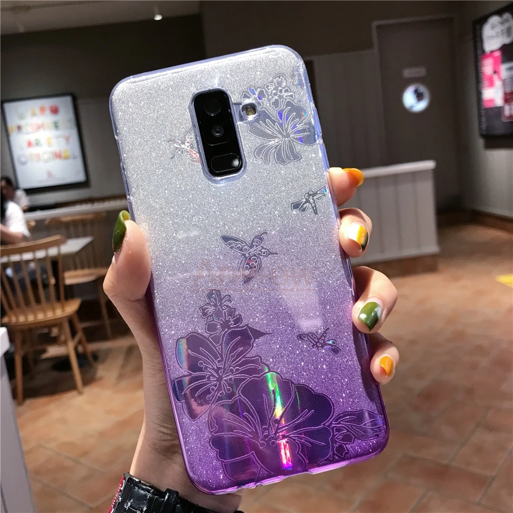 Gradient Buterfly Rose Flower Glitter TPU Case For Samsung Galaxy A6 A7 A8 Plus J4 J6 Samsung Note 10 Cover Soft Phone Case