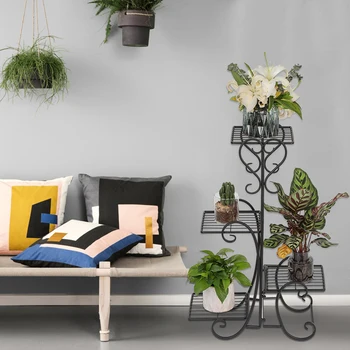 

4 Potted Square Flower Metal Shelves Plant pot Stand Decoration for Indoor Outdoor Garden Black Storage Organizer Stand