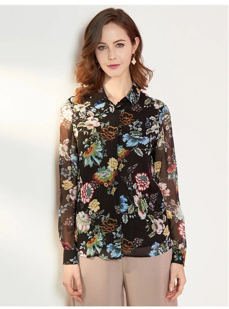Natural Silk Shirt Women Fall New Long Sleeve Buttoned Cardigan Elegant Chiffon Crepe Real Silk Blouses Office Wear
