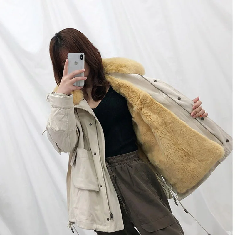 Natural Fur Coats Winter Coat Women Clothes Parkas Real Fur Rex Rabbit Fur Lining With Genuine Fox Fur Collar Female Jacket