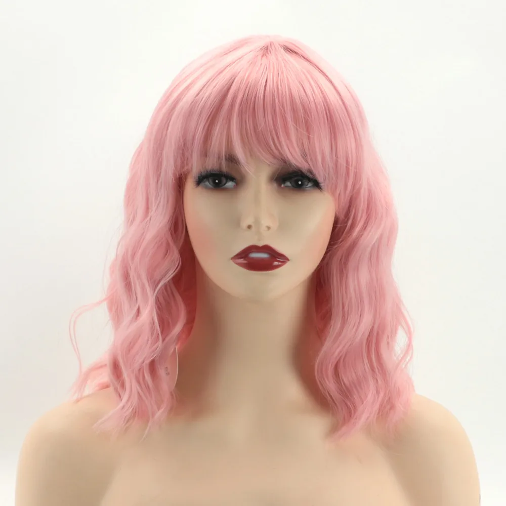 straight mixed brown bob synthetic wig with bangs medium long cosplay layered wigs for woman hair daily wig heat resistant Wig European and American Wigs Head Set Wavy Curly Pink Air Bangs Clavicle Hair Medium Long Water Wavy Wig