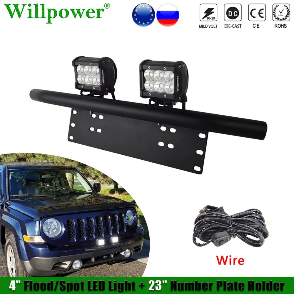 

Offroad Car 4" LED Work Light Pods + 23" Bull Bar Number Plate Frame Holder 4x4 Truck SUV Flood Spot Fog Light Mounting Bracket