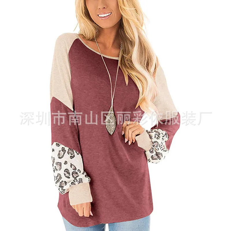 Осенняя мода, женские повседневные рубашки с круглым вырезом, леопардовые Лоскутные свободные пуловеры с длинным рукавом