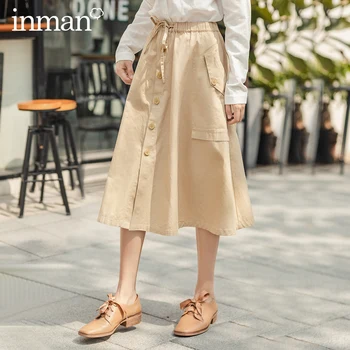 

INMAN A Line Skirt 2020 Spring New Arrival Vintage Retro Pure Cotton Shaped Single Button Mid Calf Length Skirt