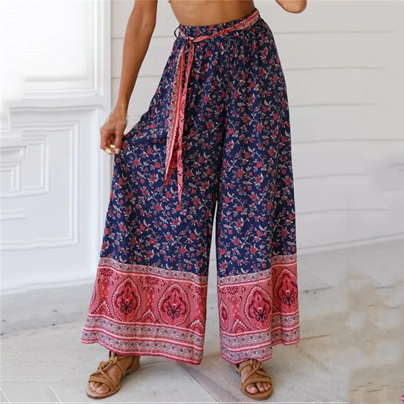 Boho женские Мешковатые расклешенные брюки офисные женские широкие брюки Gypsy Palazzo с высокой талией свободные широкие брюки Брюки-клёш