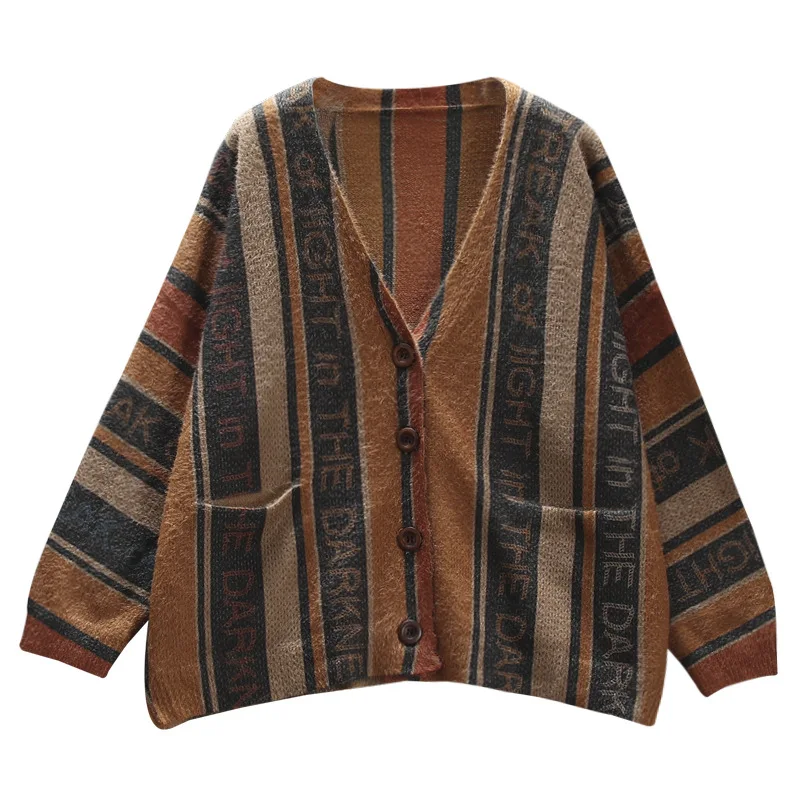 Осенний свитер женский ретро Свободный вязаный жакет женский кардиган Топы с длинным рукавом карман печати повседневное вязаное пальто