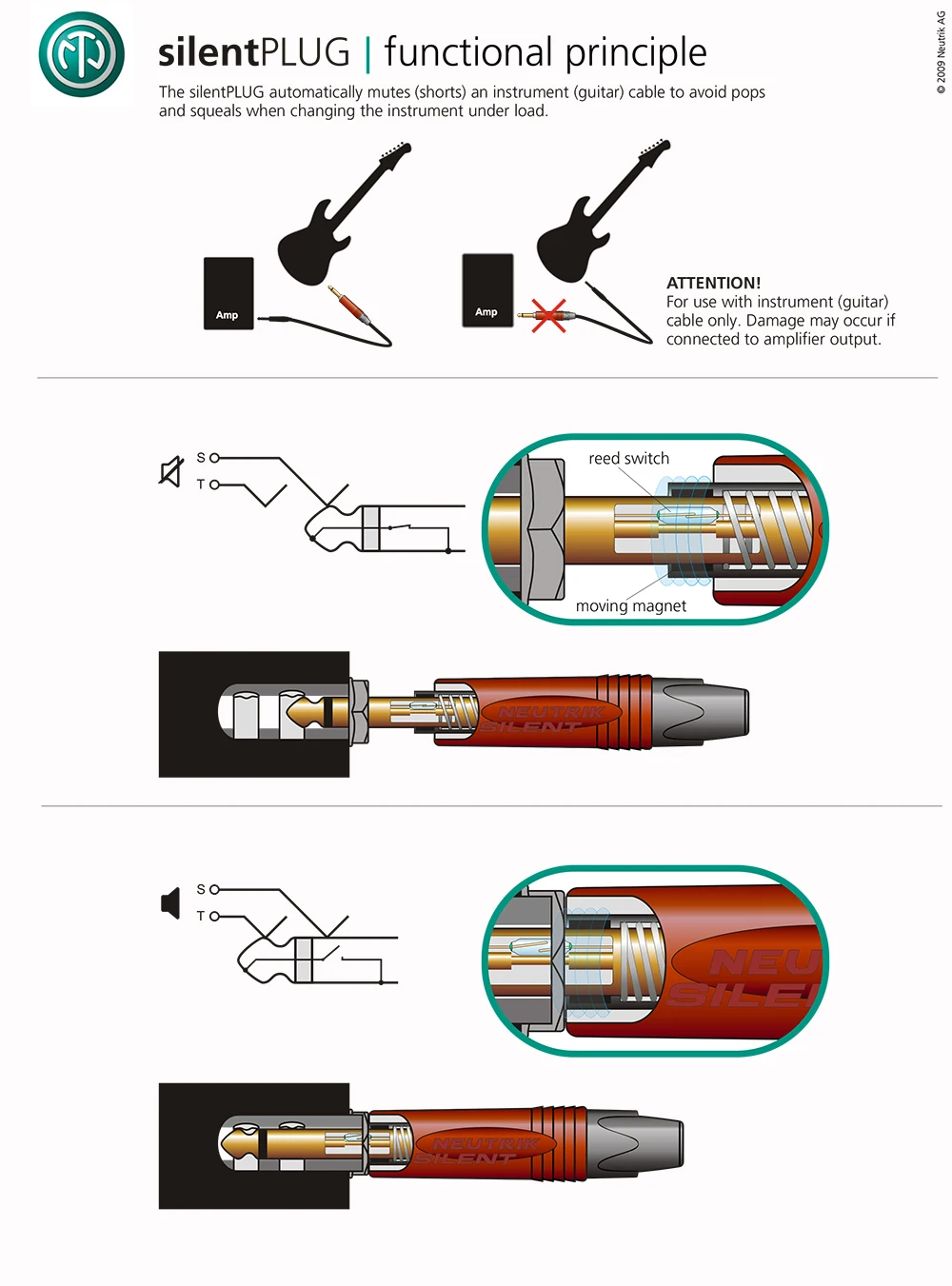 NP2RX-AU-SILENT/NP2XX-SILENT TR6,35 mm/(1/4" Jack) Angle Professional Instrument (Gitarre) Silent Plug Switc – Detail 8