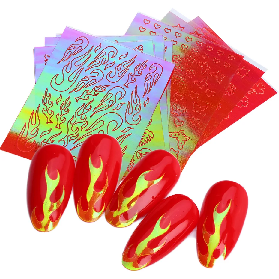 10 шт./компл. пламя-наклейки для ногтей, переводятся на ногти с помощью огонь геометрический принт звезды 3D клей виниловых пластинок Трафареты Голографическая фольга на ногти маникюр TR1525