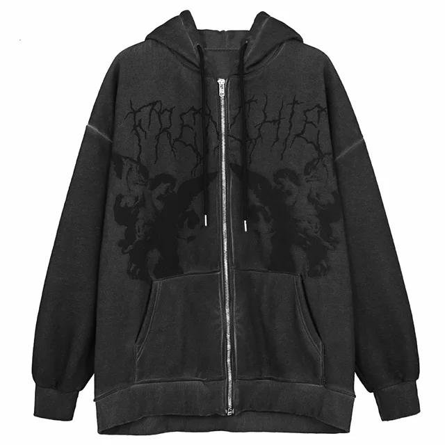 Women Hip Hop Streetwear Hoodies Women Jacket Angel Dark Print Jacket Coat Goth Harajuku Y2k Clothes Punk Jacket Outwear Zipp 3