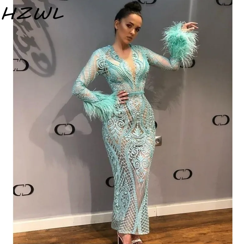 

Arabic Major Beading Feather Prom Dresses Lace Beaded Deep V Neck robe de soiree Ankle Length Mermaid Evening Dress Sexy