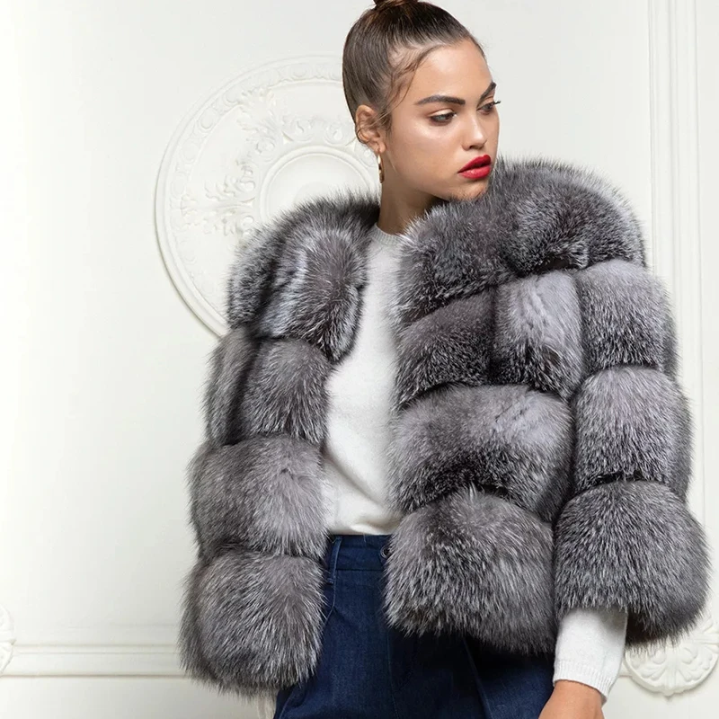 

RR Genuine Solid Jackets Women Fashion Real Blue Frost Fox Fur Coats Women Elegant Wrist Jackets Female Ladies HAA